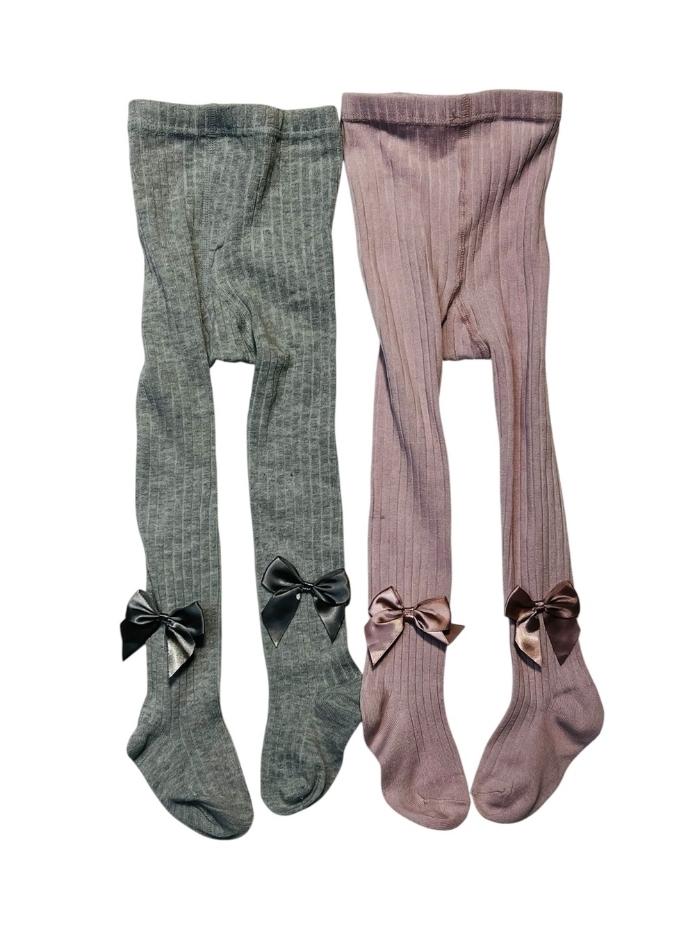 Girls‎ Ribbed Tights with Satin Bow - Gray & Dusty Pink 2-3Years